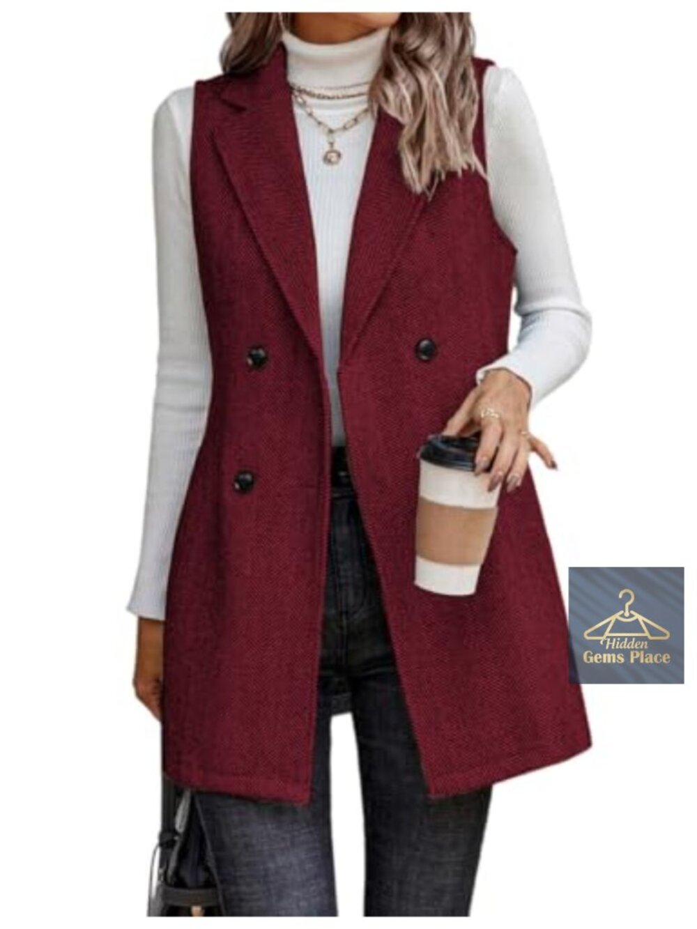 Womens Wool Long Vest Sleeveless Lapel Double Breasted Fall Winter Coats